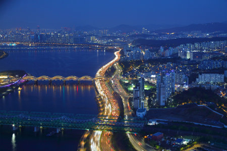 Seoul cityscape in South Korea. Aerial view of night skyline in Dongjak district. Bon-dong and Heukseok-dong neighborhoods.の写真素材