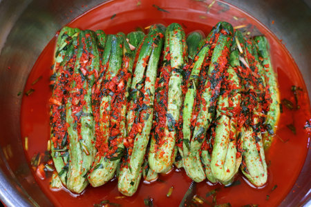 Kimchi cucumbers - Korean food at traditional Gwangjang Market in Jongno district of Seoul, South...