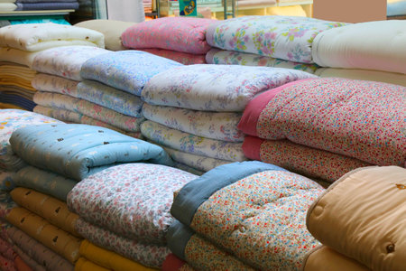 Korean bedding duvets and linen store at Gwangjang Market in Seoul, South Korea.