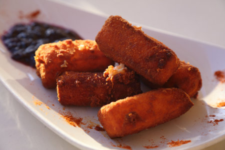 Fried majorero cheese tapas - food of Fuerteventura. Spanish cuisine from the Canary Islands.の写真素材