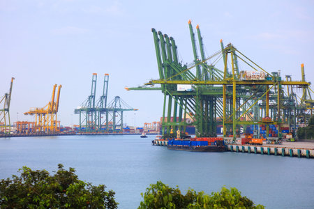 SINGAPORE CITY, SINGAPORE - MARCH 12, 2024: Infrastructure of Port of Singapore, one of busiest shipping ports in the world.のeditorial素材