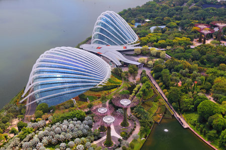 SINGAPORE CITY, SINGAPORE - MARCH 12, 2024: Singapore City aerial view of Gardens by the Bay park area.のeditorial素材