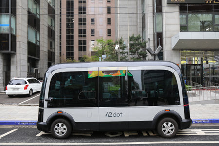 SEOUL, SOUTH KOREA - APRIL 6, 2023: 42dot driverless autonomous electric shuttle bus in use in...