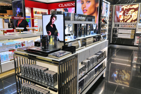 LONDON, UK - JULY 9, 2024: Yves Saint Laurent premium cosmetics brand at a duty free airport store...