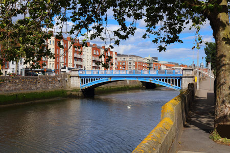 Rory O'More Bridge over River Liffey, landmark in Dublin, Ireland. Cast iron arch bridge.の写真素材