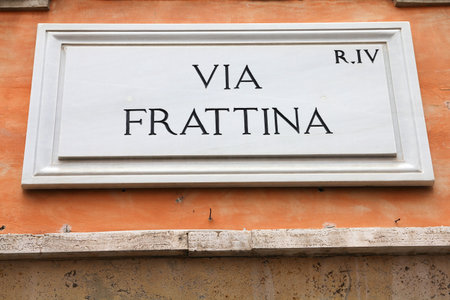 Via Frattina street name sign in Rome city, Italy.の写真素材