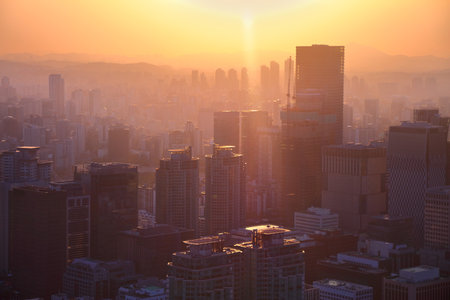 Seoul cityscape in South Korea. Sunset aerial view with Yeouido-dong office district in Yeongdeungpo.の写真素材