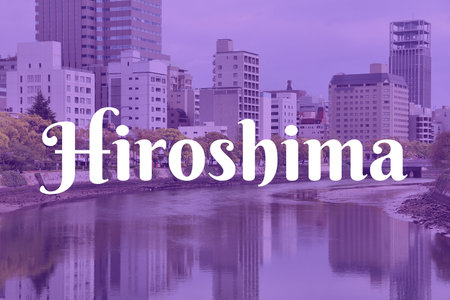 Hiroshima, Japan. City name modern photo postcard. Travel destination text word title card.の写真素材