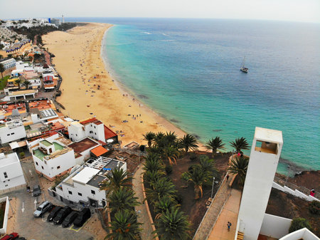 Morro Jable town and beach, drone point of view in Fuerteventura island of Canary Islands, Spain.