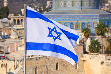 Flag of Israel with Jerusalem Old City with Dome of the Rock.の写真素材