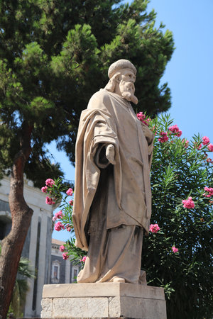 Saint statue at Catania Cathedral (Italian: Duomo di Catania), landmark of Catania, Italy. Saint Athanasius of Alexandria, one of Fathers of the Church.の写真素材