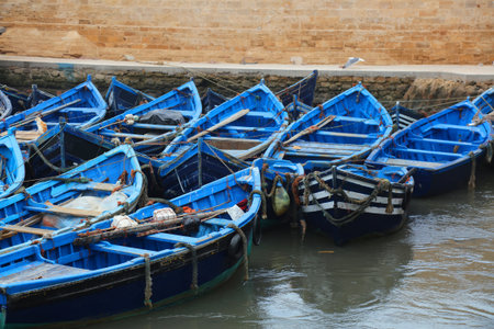 Port of Essaouira, Morocco. Blue Moroccan fishing boats.の写真素材