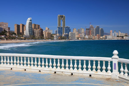 Benidorm city skyline in Valencian Community (Comunidad Valenciana), Spain. View from Poniente beach.の写真素材