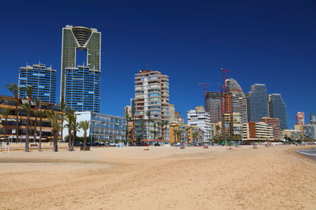 Benidorm city skyline in Valencian Community (Comunidad Valenciana), Spain. View from Poniente beach.の写真素材