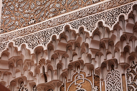 Medina (Old Town) of Marrakesh, Morocco. Details of historic Ben Youssef Madrasa and mosque.の写真素材