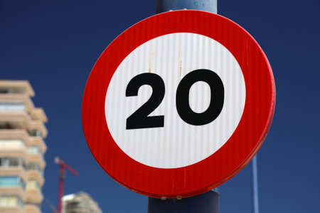 20 kph speed limit sign. Road sign in Benidorm, Spain.の写真素材