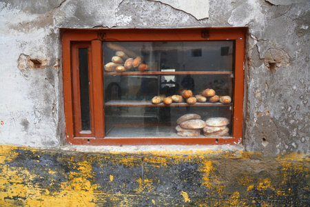 Moroccan bread. Fresh bread in a window of Essaouira bakery.の写真素材