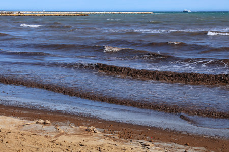 Muddy sea water and big waves of Santa Pola beach in Alicante Province, Valencian Community in Spain.の写真素材