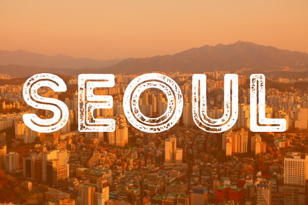 Seoul, South Korea. City name modern photo postcard. Travel destination text word title card.