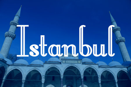 Istanbul, Turkey. City name modern photo postcard. Travel destination text word title card.