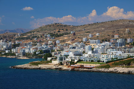 Sarande city view with Ionian Sea. Summer in Sarande, Albania.の写真素材
