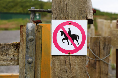 Horse riding prohibited sign on a hiking trail in Benbulben forest in County Sligo in Ireland.の写真素材