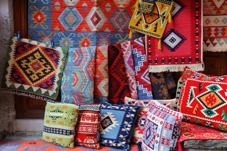 Albanian handicraft products in a souvenir shop in Gjirokaster, Albania. Artisanal textiles with traditional Albanian patterns.の写真素材