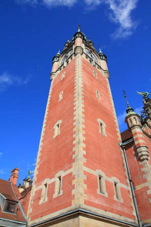 Train station of Gdansk city in Poland in Pomerania region. Clock tower.