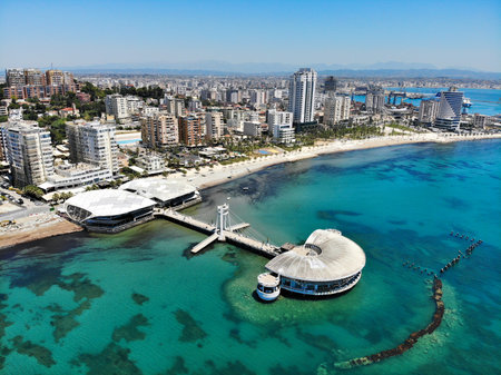 Durres city, Albania. Summer sunny day skyline. Aerial view with pier.の写真素材