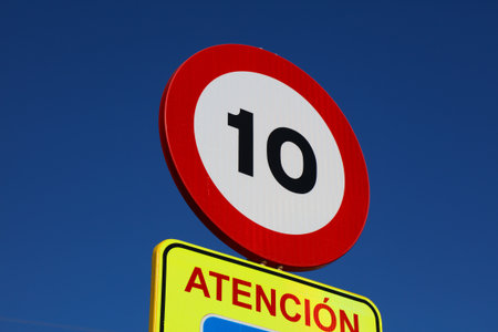 10 kph speed limit sign. Road sign in Benidorm, Spain.の写真素材