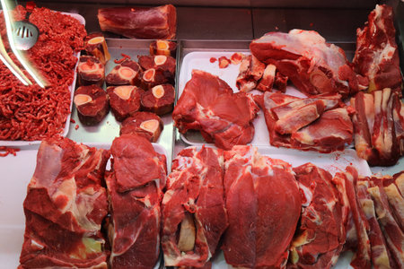 Tirana New Bazaar (Pazari i Ri) in Albania. Butcher shop meat.の写真素材