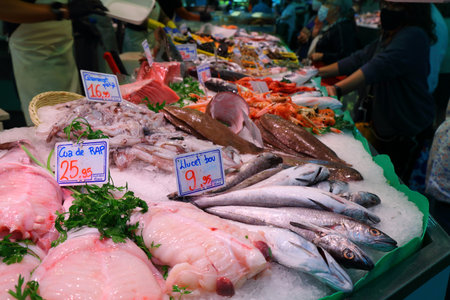 Fish at Mercat de Sant Antoni market in Barcelona, Spain. Cua de rap - monkfish tail, calamarcet - squid, llucet bou - bull trout.の写真素材