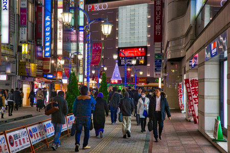 TOKYO, JAPAN - NOVEMBER 29, 2016: People visit Tokyo city Ikebukuro district at night. Ikebukuro is a commercial and entertainment district in Toshima, Tokyo.のeditorial素材