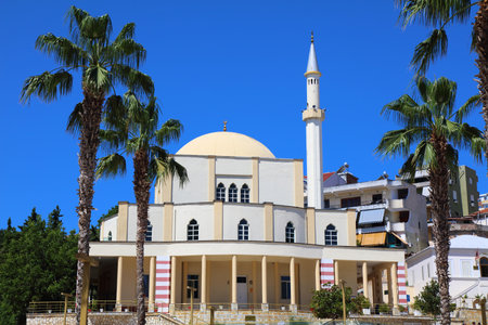 Durres city, Albania. Mosque and palm tree on a sunny day at Sheshi Liria square.