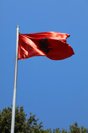 Flag of Albania. National flag in the wind.の写真素材