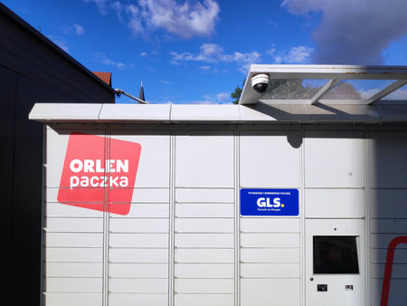 BYTOM, POLAND - SEPTEMBER 29, 2024: Parcel locker machine of GLS and Orlen Paczka in Poland.