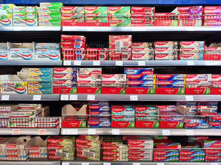 KATOWICE, POLAND - OCTOBER 22, 2024: Colgate, Aquafresh and Paradontax toothpaste selection at a...