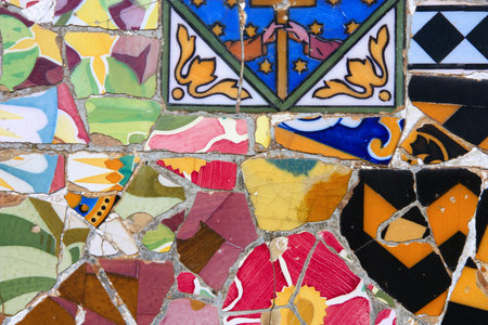 BARCELONA, SPAIN - SEPTEMBER 8, 2009: Mosaic art of Park Guell in Barcelona, Spain. It was built in 1900-14 and  is part of the UNESCO World Heritage Site Works of Antoni Gaudi.のeditorial素材