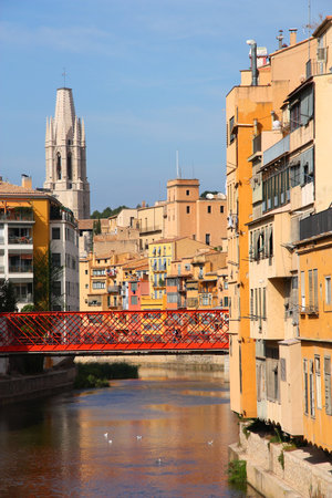 Girona town skyline in Spain. Colorful Mediterranean style architecture in Catalonia region of Spain.の写真素材
