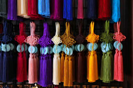 Chinese good luck charms in Singapore Chinatown. Handcrafted colorful lucky knot amulets.
