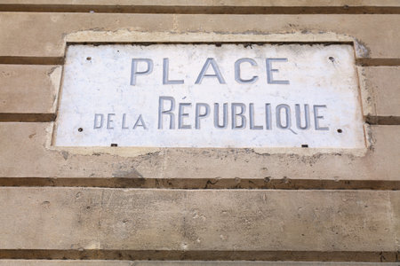 Arles city detail: street sign of Place De La Republique, a major city square.の写真素材