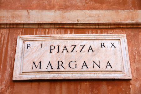Piazza Margana - square name sign in Rome, Italy. Campitelli district.の写真素材