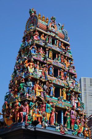 Sri Mariamman Temple in Singapore Chinatown district. The temple was freshly repainted in 2023.の写真素材