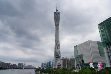 GUANGZHOU, CHINA - NOVEMBER 9, 2025: Canton Tower, a TV and observation tower, and a tourist attraction in Guangzhou city in Guangdong region of China.のeditorial素材