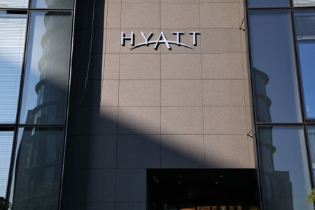 DUSSELDORF, GERMANY - SEPTEMBER 19, 2020: Hyatt Regency hotel in Hafen district in Dusseldorf, Germany. Hyatt Hotels Corporation is an American multinational hospitality company.のeditorial素材