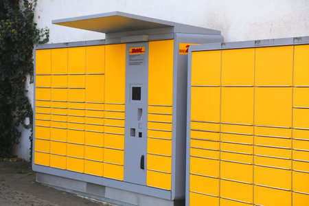 BOCHUM, GERMANY - SEPTEMBER 17, 2020: DHL Packstation parcel locker machine in Wattenscheid,...