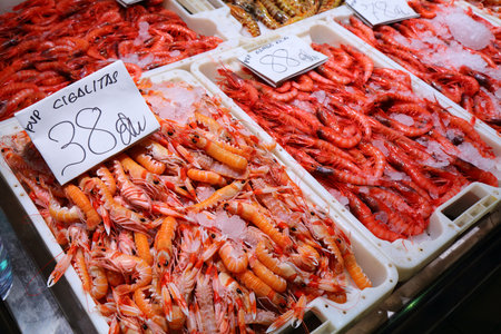 Various shrimp types (including cigalitas, also known as langoustine, Norway lobster or scampi) at sea food section at local market hall Mercat Central in Alicante, Spain. Spanish food.の写真素材