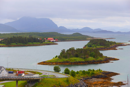 Archipelago near Bronnoysund in Nordland region of Norway. Islands on Torgfjorden fiord. Rainy summer.の写真素材