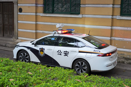 GUANGZHOU, CHINA - NOVEMBER 7, 2025: Aion police car in Guangzhou city in Guangdong region of China.