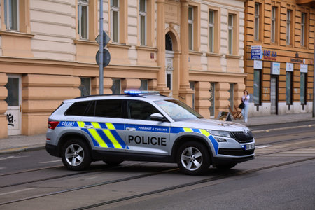 PRAGUE, CZECH REPUBLIC - MAY 5, 2024: Police Skoda patrol car of Czech Police in Prague, Czech...